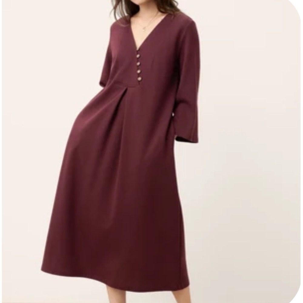 Lintico Bellatrix Burgundy Cotton Asymmetric V-Neck Pleat Midi Dress Womens S